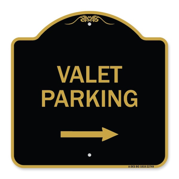 Valet Parking with Right Arrow, Black & Gold Aluminum Architectural Sign, 18" x 18", BG-1818-22749